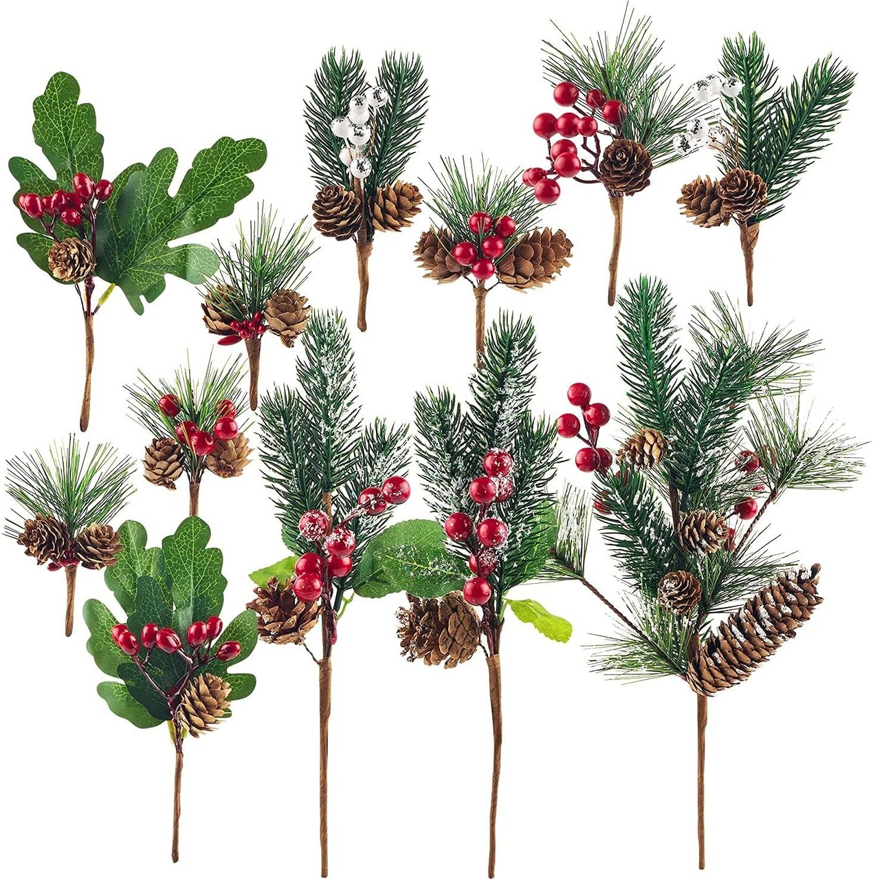 Assorted Red Berry Picks Stems Faux Pine Picks Spray with Pinecones Apples Holly Leaves for Christmas Floral Arrangement Wreath Winter Holiday Décor